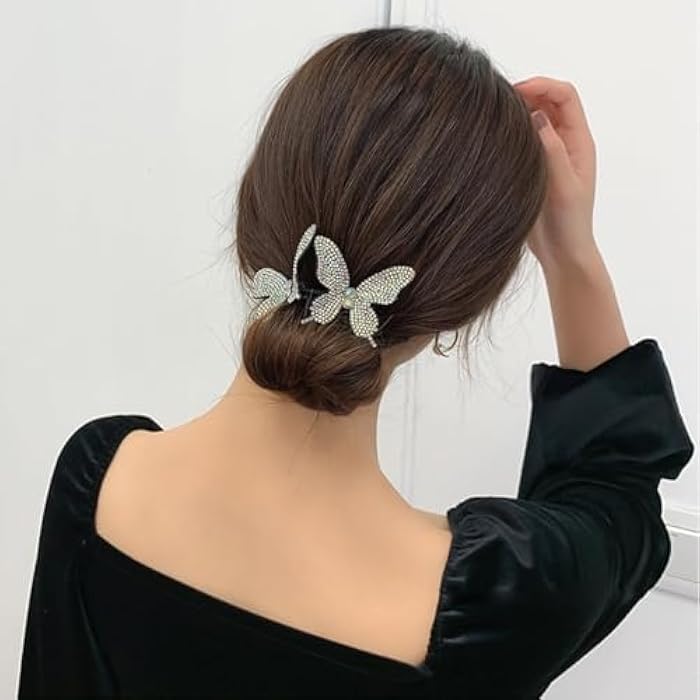 FASHION MANIA 2Pcs Rhinestone Hair Bun maker Butterfly Deft Easy Bun Twister Elegant Hair Curler(Black+Silver) - Image 2
